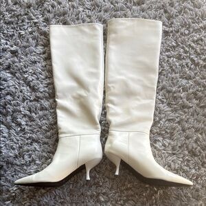 Off White Kitten Heel Over the Knee Boots